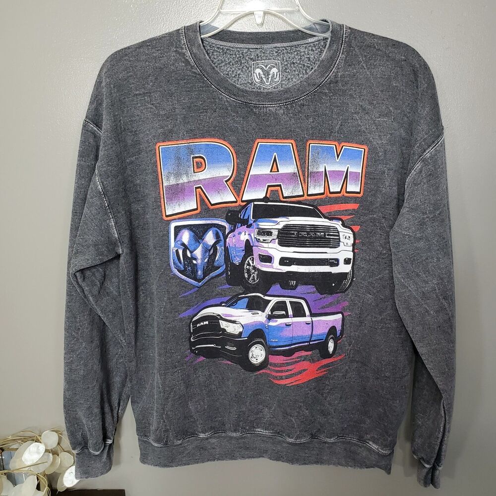 Dodge Ram Sweatshirt Mens Unisex Large Gray Acid Wash Graphic Crewneck Pullover